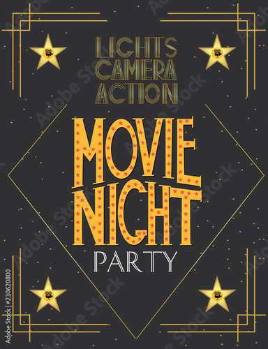 Night Movie party invitation card, birthday party invitation or poster. Editable vector illustration