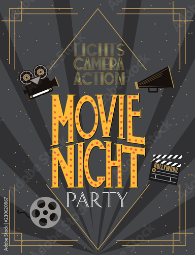 Night Movie party invitation card, birthday party invitation or poster. Editable vector illustration