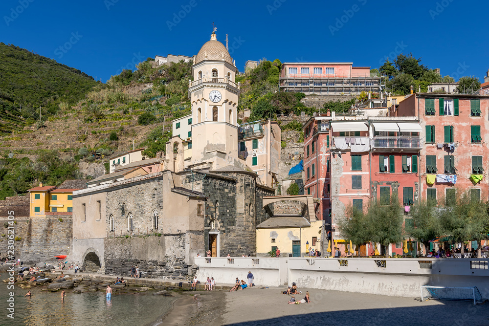 Beautiful view of the historic center of Vernazza and the beach, Cinque Terre, Liguria, Italy