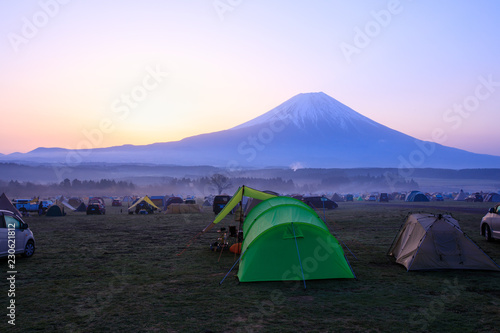 fumotoppara camp site and fuji mountain background in Japan at morning time 