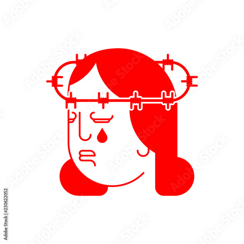 Martyr cries. Barbed wire on head. Pain and suffering. Tears from eyes.