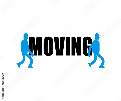 Moving service logo Delivery sign. Two Movers. Porters carry symbol. Loader mover man holding.