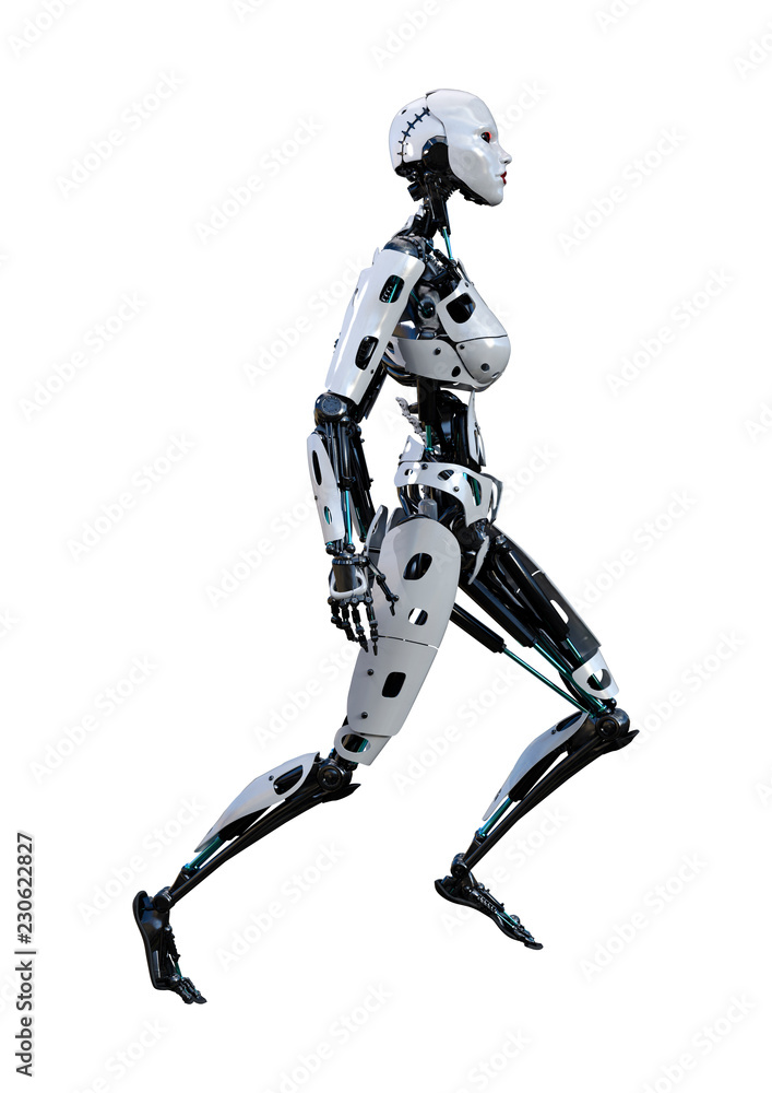 3D Rendering Female Robot on White