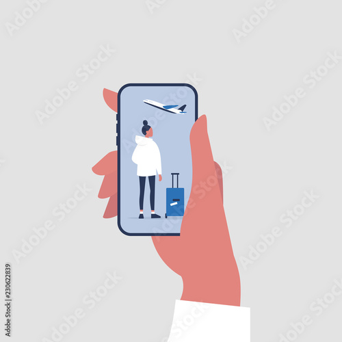 Travel application, New technologies. Hand holding a smartphone. Flat editable vector illustration, clip art