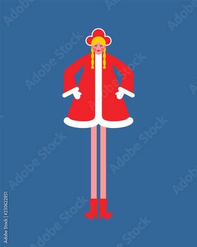 Snow Maiden. Granddaughter of grandfather Frost in Russia. New Year girl. National traditional folk holiday woman in red costume.
