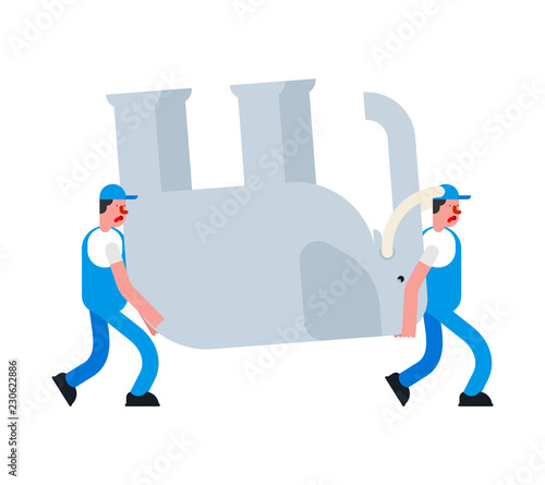 Movers and Elephant. Porters carry Big animal. Delivery service. Loader mover man holding. Moving Vector illustration