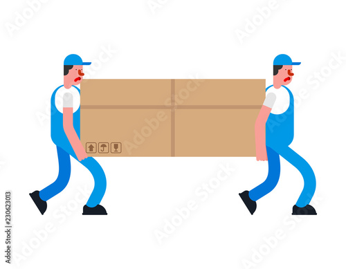 Movers and large box. Porters carry box. Delivery service. Loader mover man holding. Moving Vector illustration