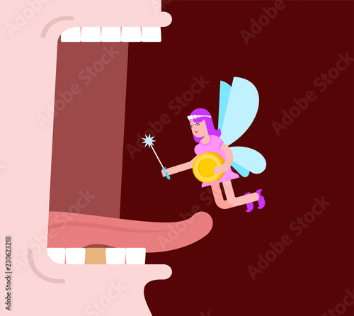 Tooth fairy in mouth. Coin exchange for tooth