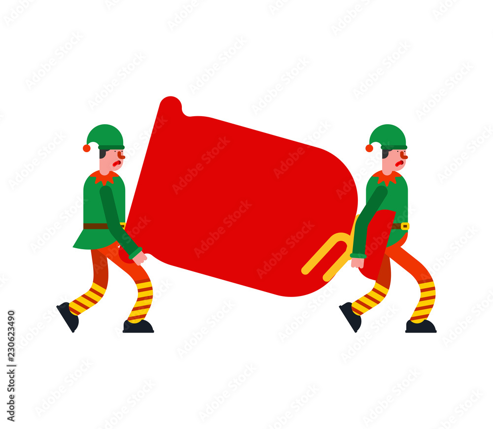 Santa Elf carry red bag. Elves Porters man and sack. Loader mover man bagful. New Year and Xmas Vector illustration Santa Elf carry red bag. Elves Porters man and sack. Loader mover man bagful. New Year and Xmas Vector illustration
