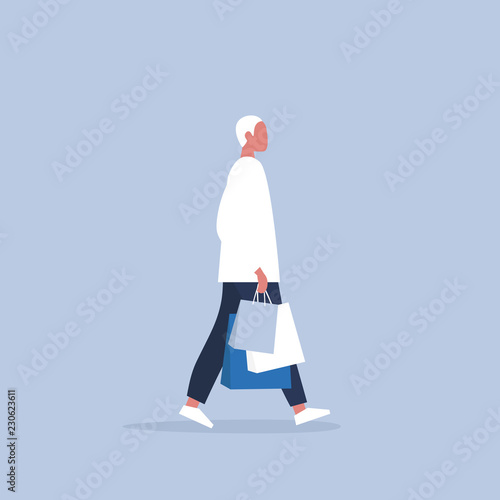 Young male character holding a bunch of paper bags