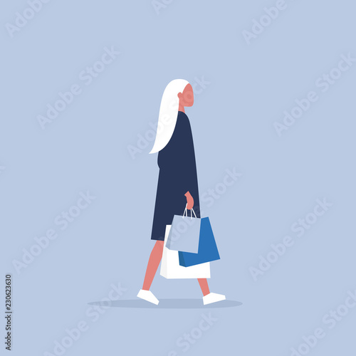 Young female caucasian character holding a bunch of paper bags. Shopping. Millennial consumer. Flat editable vector illustration, clip art