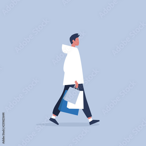 Young male character holding a bunch of paper bags. Shopping. Millennial consumer. Flat editable vector illustration, clip art