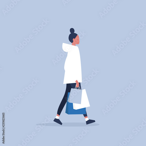 Young female character holding a bunch of paper bags. Shopping. Millennial consumer. Flat editable vector illustration, clip art