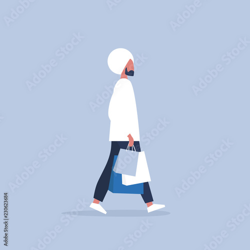 Young male indian character holding a bunch of paper bags. Shopping. Millennial consumer. Flat editable vector illustration, clip art