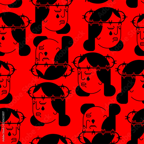 Martyr pattern seamless. Barbed wire on head. Pain and suffering background. Tears from eyes.