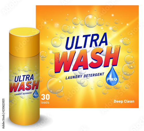 Laundry detergent package design, yellow container bottle with label in 3d illustration isolated on white background