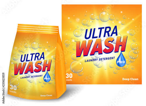 Laundry detergent package design, yellow container soft package with label in 3d illustration isolated on white background
