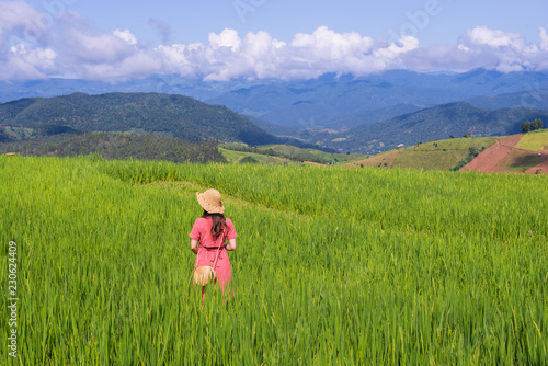 Young woman relaxing in green rice terraces on holiday at pabongpaing village, Mae-Jam Chiang mai, Thailand photo