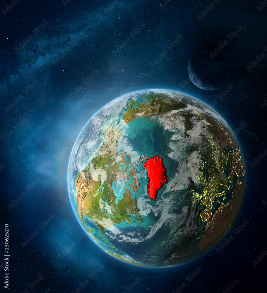 Fototapeta premium Greenland from space on Earth surrounded by space with Moon and Milky Way. Detailed planet surface with city lights and clouds.