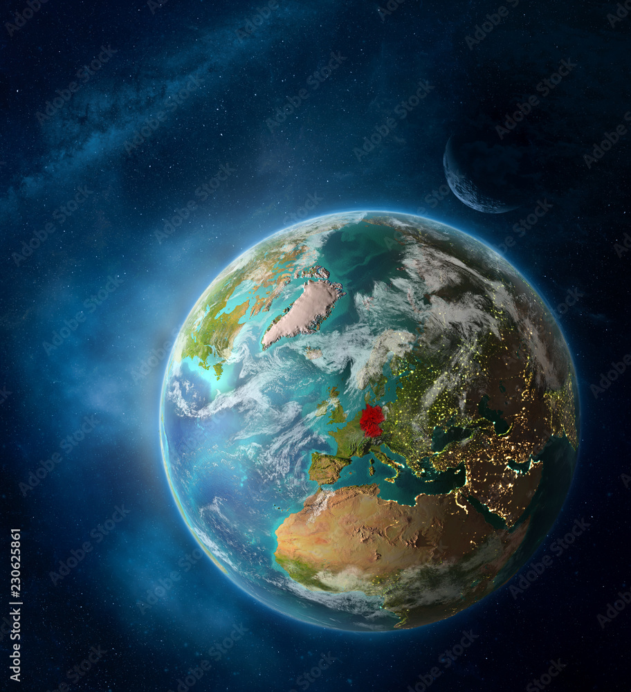 Germany from space on Earth surrounded by space with Moon and Milky Way. Detailed planet surface with city lights and clouds. Germany from space on Earth surrounded by space with Moon and Milky Way. Detailed planet surface with city lights and clouds.