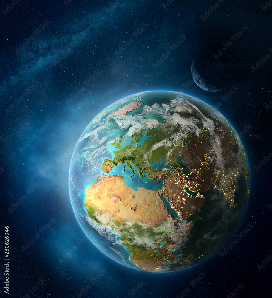 Cyprus from space on Earth surrounded by space with Moon and Milky Way. Detailed planet surface with city lights and clouds. Cyprus from space on Earth surrounded by space with Moon and Milky Way. Detailed planet surface with city lights and clouds.
