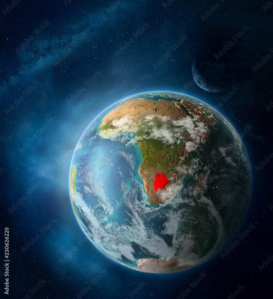 Botswana from space on Earth surrounded by space with Moon and Milky Way. Detailed planet surface with city lights and clouds. Botswana from space on Earth surrounded by space with Moon and Milky Way. Detailed planet surface with city lights and clouds.