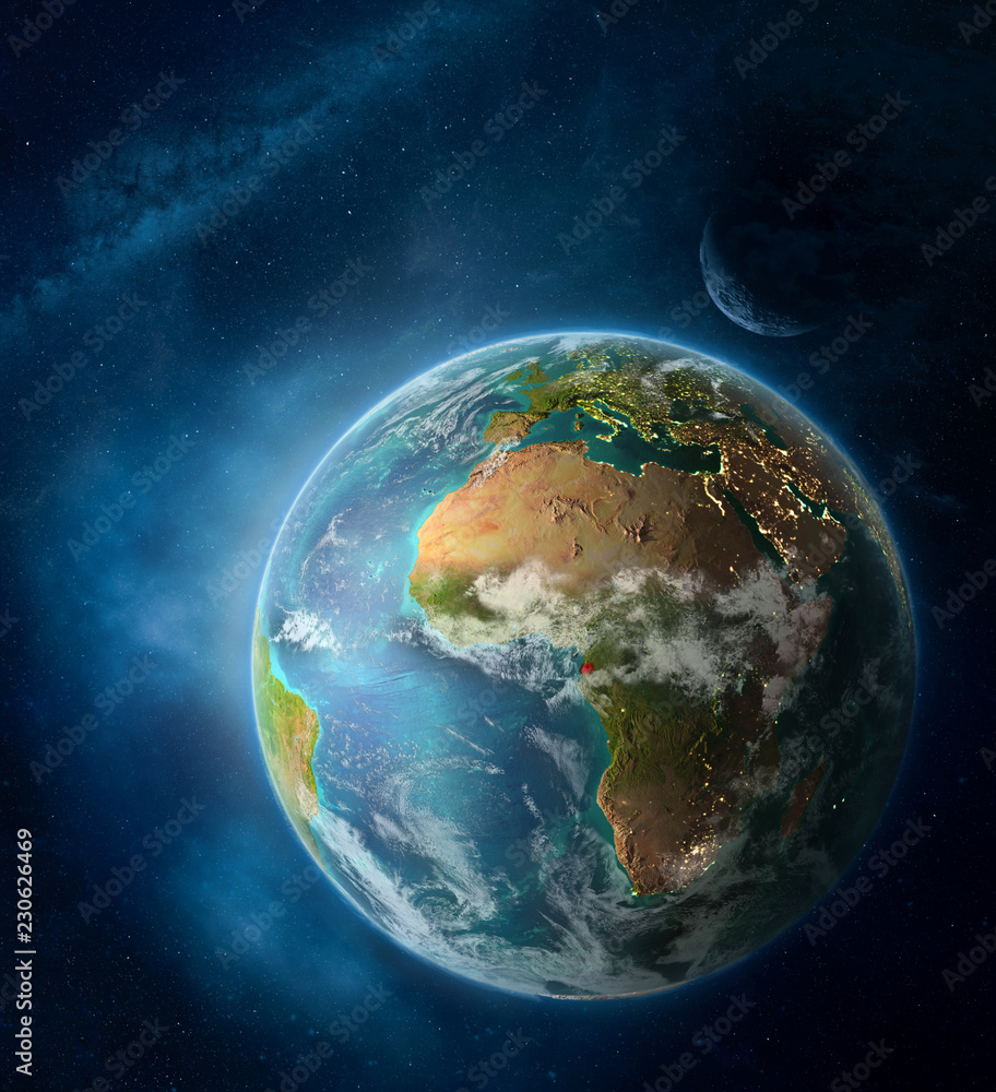 Fototapeta premium Equatorial Guinea from space on Earth surrounded by space with Moon and Milky Way. Detailed planet surface with city lights and clouds.