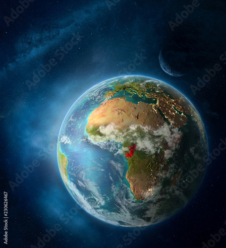Congo from space on Earth surrounded by space with Moon and Milky Way. Detailed planet surface with city lights and clouds.