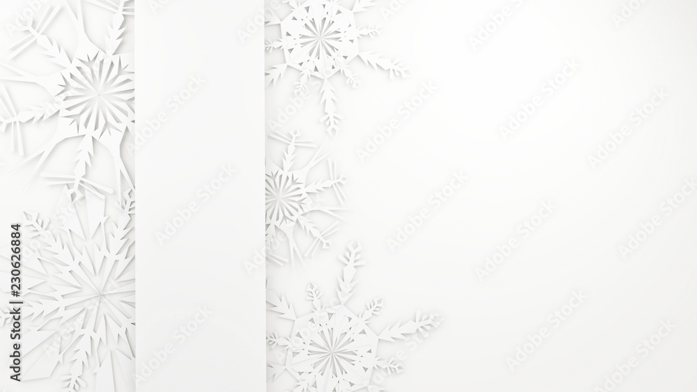 Obraz premium 3d render - Christmas Background - Snowflakes and banner for text on white background