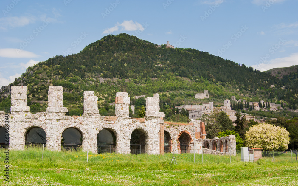 Roman theater of the first century BC and Gubbio urban town on the hill