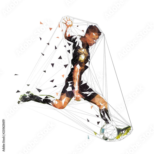 Football player in black jersey running with ball, abstract low poly vector drawing. Soccer player kicking ball. Isolated geometric colorful illustration, side view