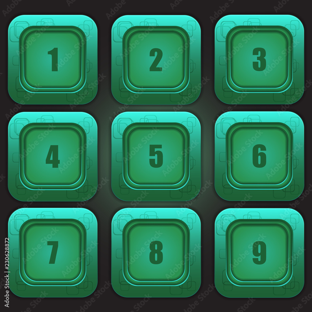 A set of colorful buttons with numbers from one to nine on a dark background. Vector design element. A set of colorful buttons with numbers from one to nine on a dark background. Vector design element.