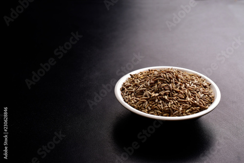 cumin seeds in ceramic bowl, text space , black background photo