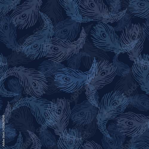 Soft Peacock Bird Feather Seamless Vector Pattern. Hand Painted Indigo Blue Feathery Texture for Textile Dye Prints, Masculine Home Decor, Asian Style Backdrop, Elegant Allover Packaging, Gift Wrap.