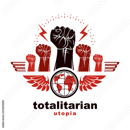 Clenched fists of angry people winged vector emblem composed with Earth globe symbol. Civil war abstract illustration. Social revolution concept.