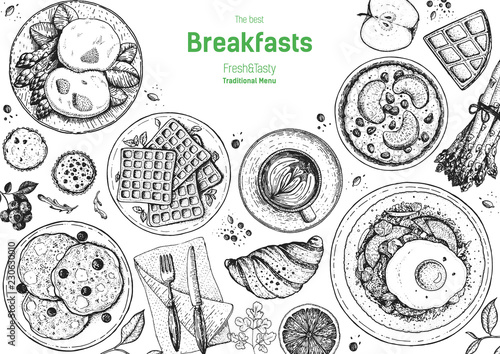 Breakfasts top view frame. Morning food menu design. Breakfast and brunches dishes collection. Vintage hand drawn sketch, vector illustration. Engraved style.