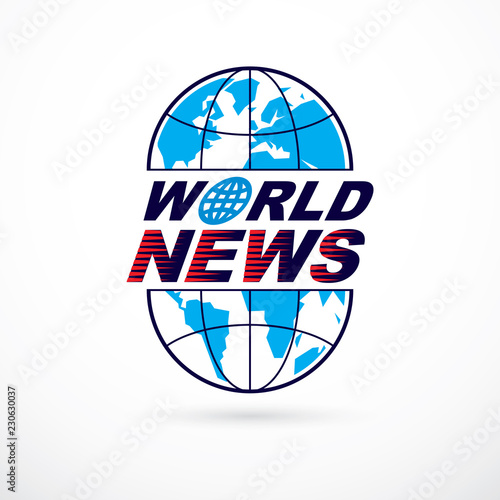 World and global news concept, vector emblem of blue Earth divided with meridians and composed with world news inscription.