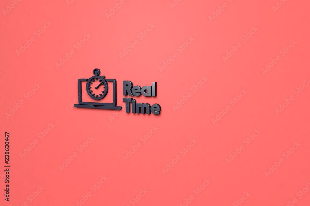 3D illustration of Real Time, dark color and dark text with red background.