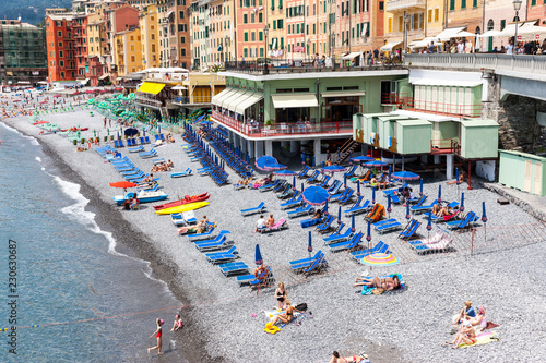 People on the Beach, Exclusive Beach, Camogli Fishing Village, Genoa, Liguria, Italian Riviera, Levante, Italy, Europe