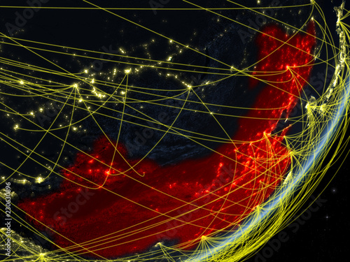 China on model of planet Earth with network at night. Concept of new technology, communication and travel.