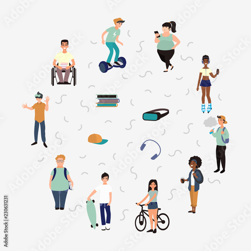 Group of teenagers busy with hobbies and leisure activities.