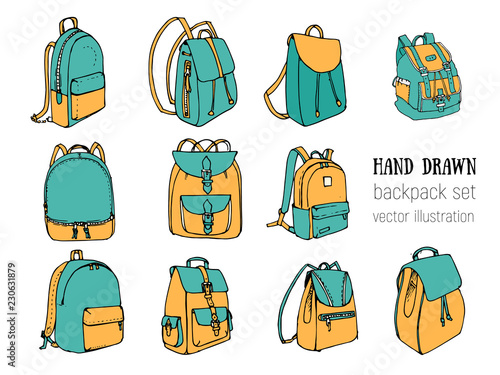 Colored Hand drawn Vector Set of Doodle Backpacks. Cartoon Casual Backpack, cool backpack sketch. Vector illustration. Back to school. Cute Schoolbag decorative element.