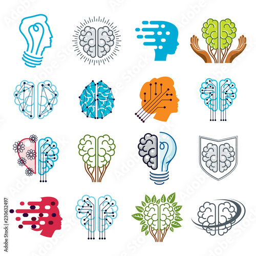 Brain and intelligence vector icons or logos concepts set. Artificial Intelligence, Bright Mind, Brain Training, Feelings soul versus Rational thinking, Creativeness, Brainstorming, Mental Health.