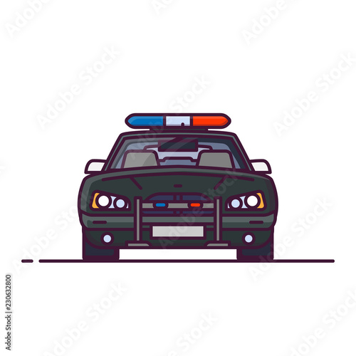 Front view of red police car with lights. Line style vector illustration. Vehicle and transport banner. Modern patrol american car. 