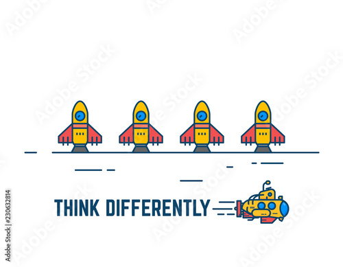 Think different banner. Yellow submarine swimming underwater. Rockets waiting to launch. Unusual solution for standard problems. New idea or concept.