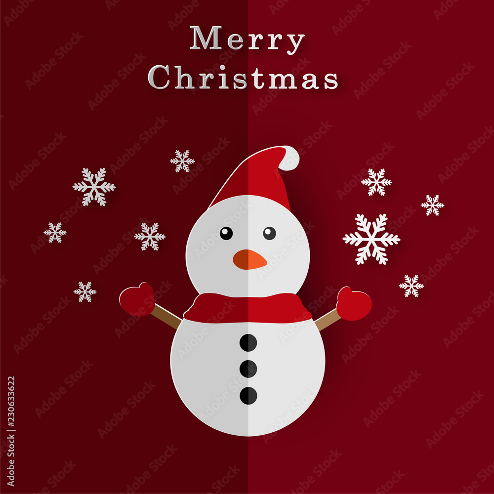 Merry Christmas card with paper snowman and snowflake Merry Christmas card with paper snowman and snowflake