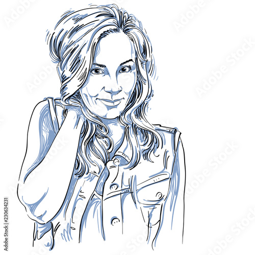 Vector art drawing, portrait of gorgeous flirting girl isolated on white. Facial expressions, people positive emotions, sexy lady with long wavy hair.