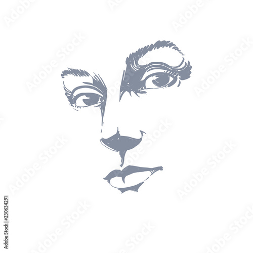 Hand-drawn art portrait of white-skin romantic woman, face emotions theme illustration. Beautiful lady posing on white background, delicate visage features.