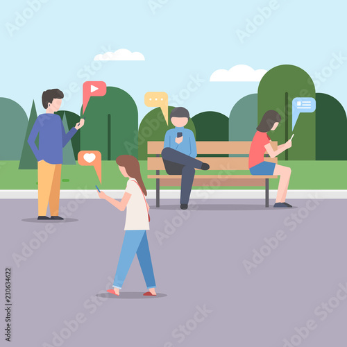 People in the Park with smartphones in their hands. Dependence on social networks, text messages, photos, music and video. Characters young men and women. Flat vector illustration