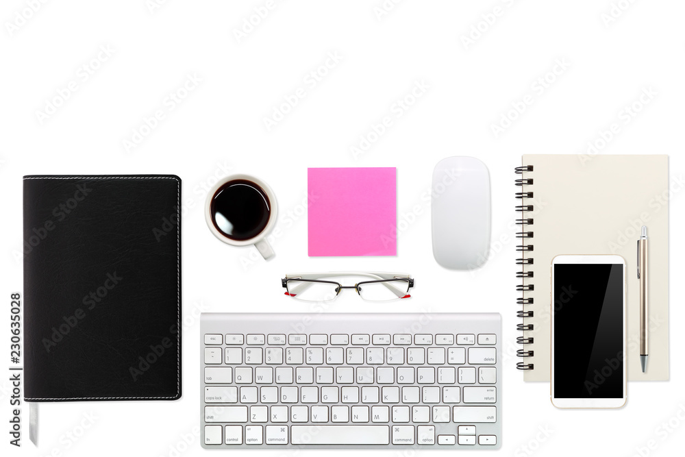 flat lay workspace table with laptop computer, office supplies, coffee cup, cell phone, tablet and coffee cup on white background flat lay workspace table with laptop computer, office supplies, coffee cup, cell phone, tablet and coffee cup on white background